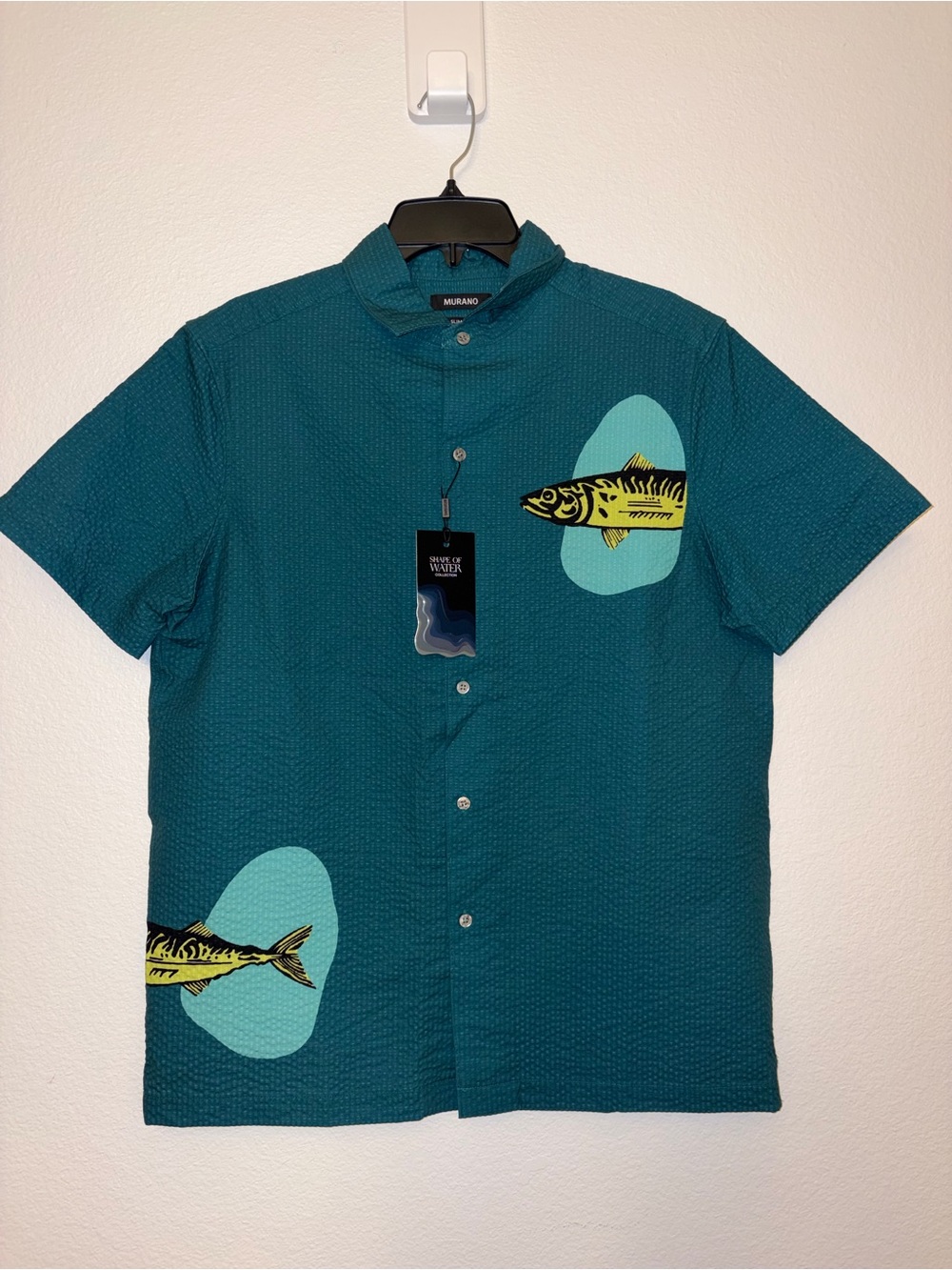 NWT Murano Mens Large Slim Fit Fish Print Short Sleeve Button Down Shirt Teal